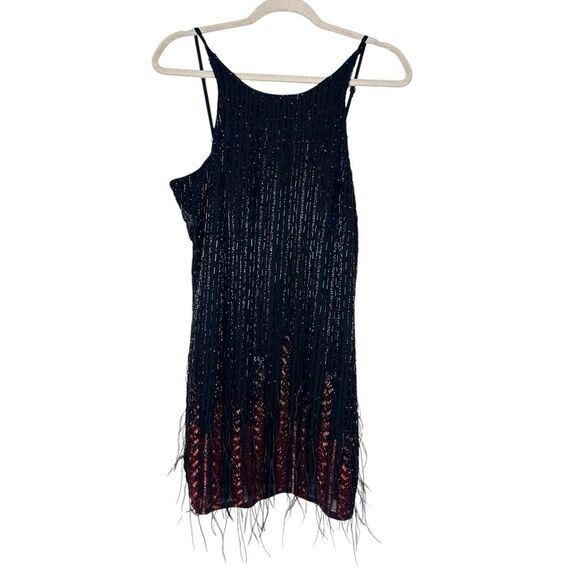 Parker Monaco Mini Dress Womens Medium Black Beaded Feather Sleeveless Cocktail - Picture 8 of 16